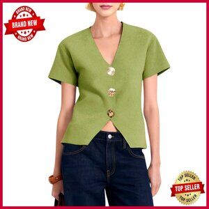 Short Sleeve V-Neck Cardigan with Gold Buttons, Cropped Fit, 100% Viscose